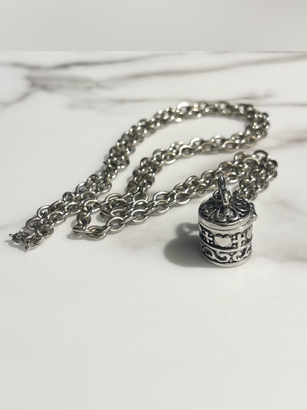 Silver Tone Prayer Box Charm Pendant With Cross and Heart Details 34” Necklace